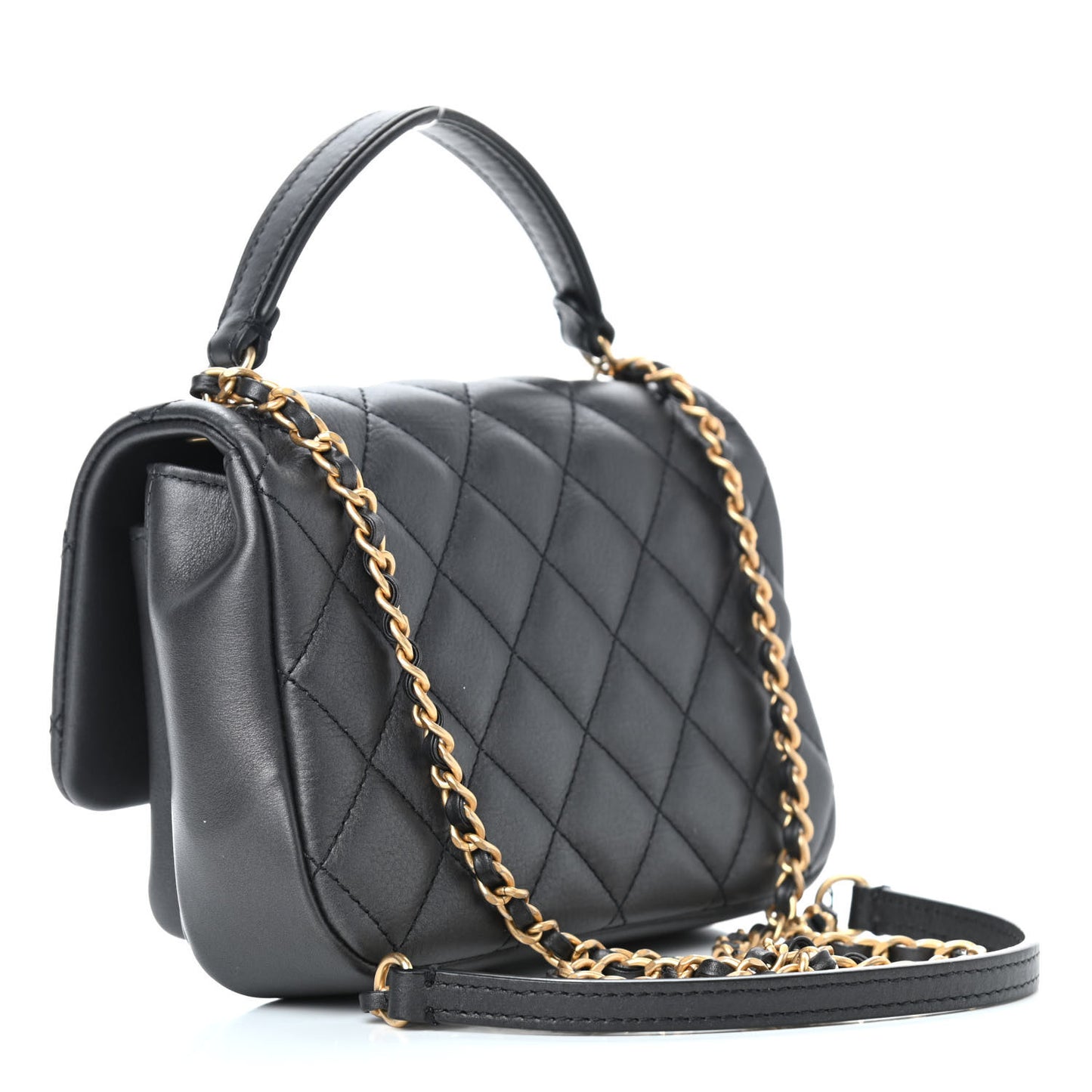 Calfskin Quilted Top Handle Flap Black