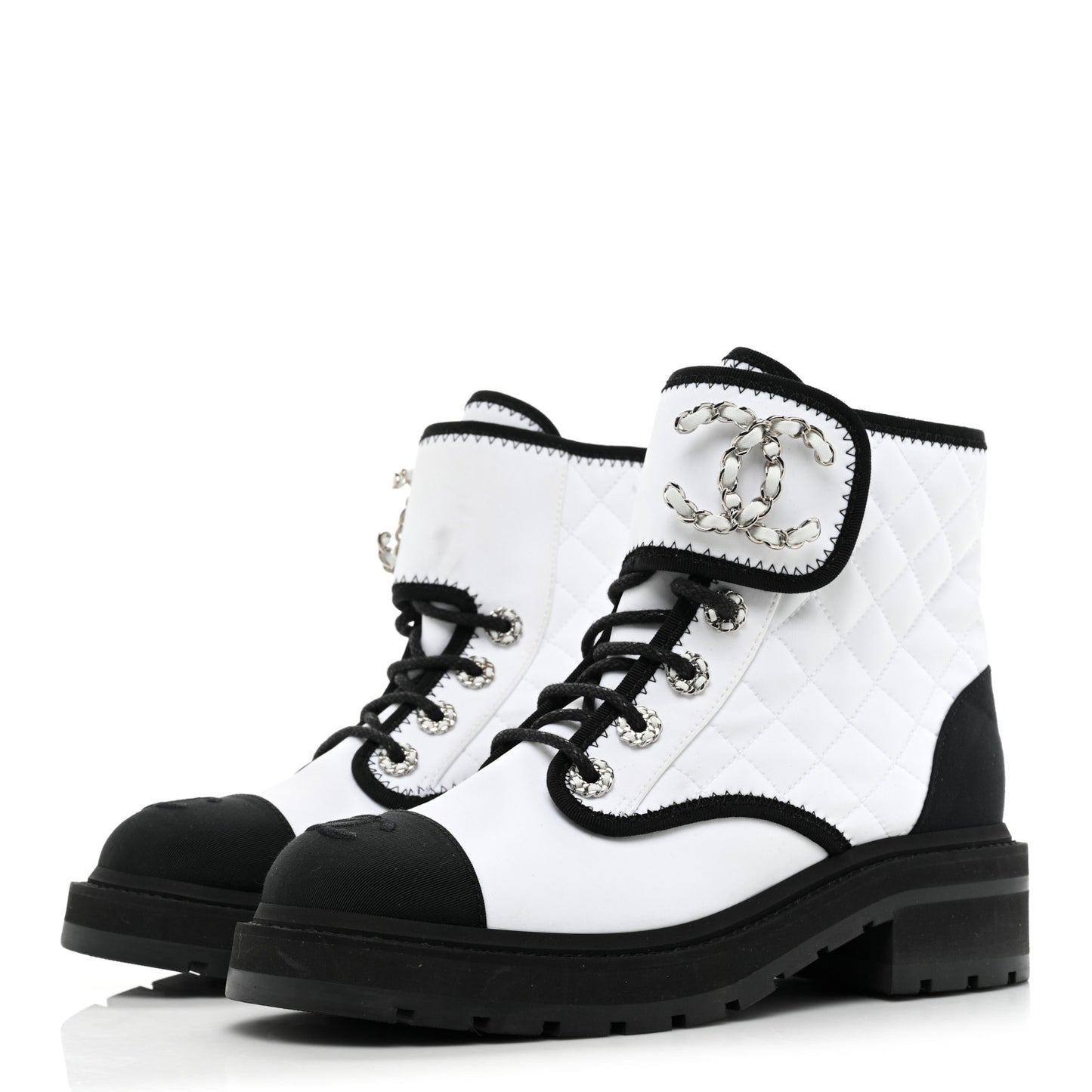 Fabric Grosgrain Quilted Cap Toe Lace Up Combat Boots 37 White Black