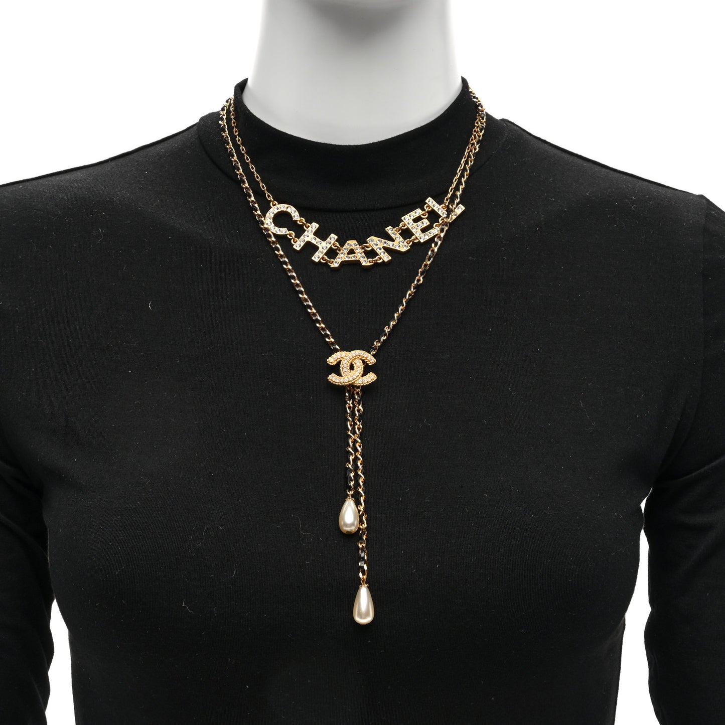 Lambskin Crystal Pearl Logo CC Double Strand Necklace Gold White Black