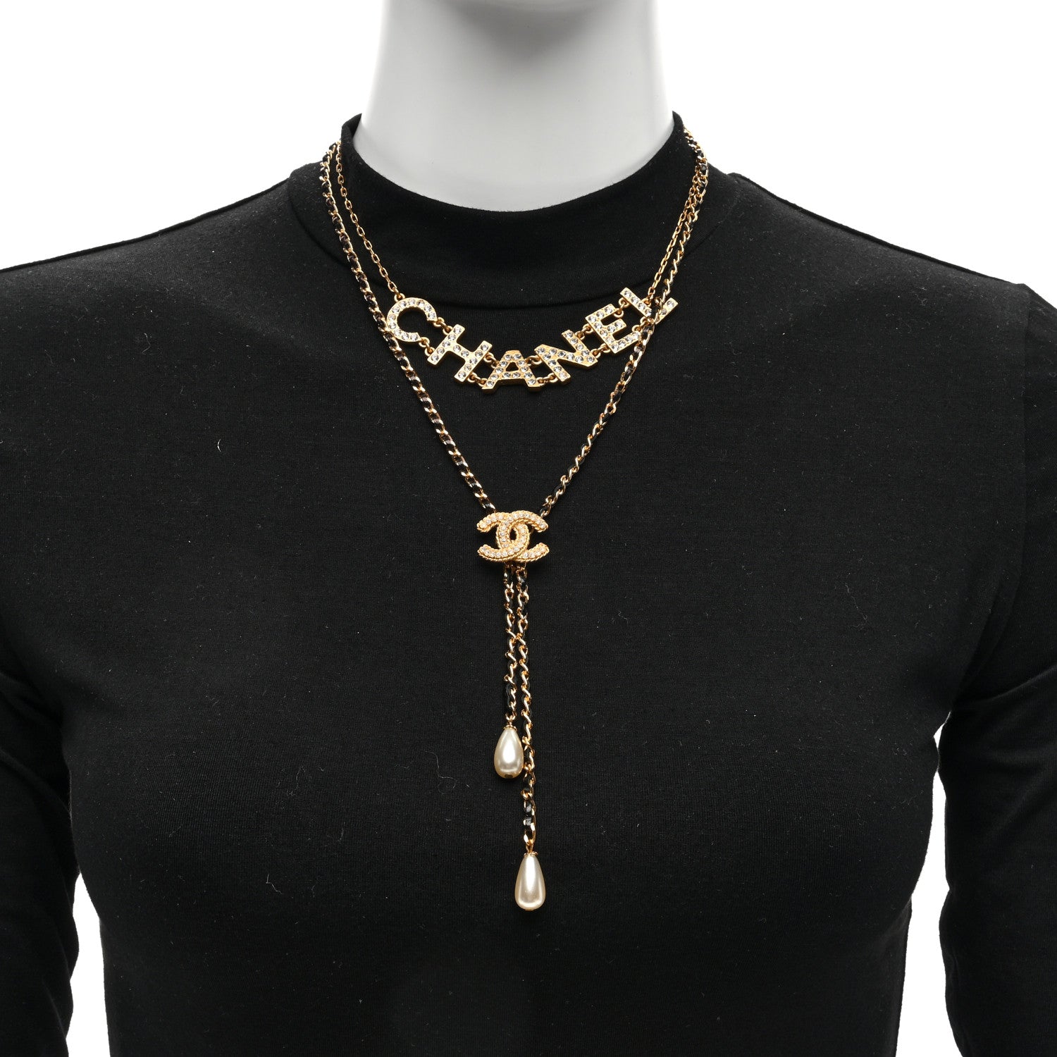 Chanel Lambskin Crystal Pearl Logo CC Double Strand Necklace Gold White Black 5 of 5