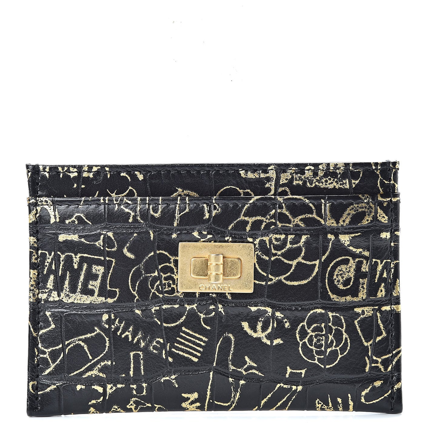 Calfskin Crocodile Embossed Graffiti 2.55 Cocodile Reissue Card Holder Black Gold
