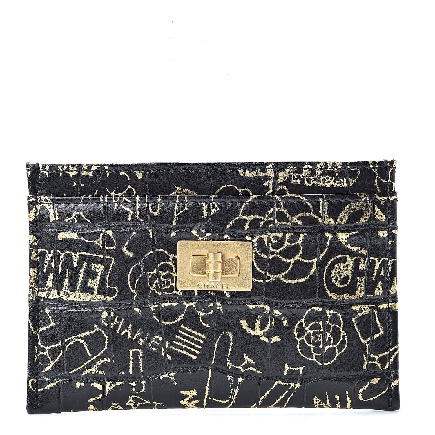 Chanel Calfskin Crocodile Embossed Graffiti 2.55 Cocodile Reissue Card Holder Black Gold 1 of 9