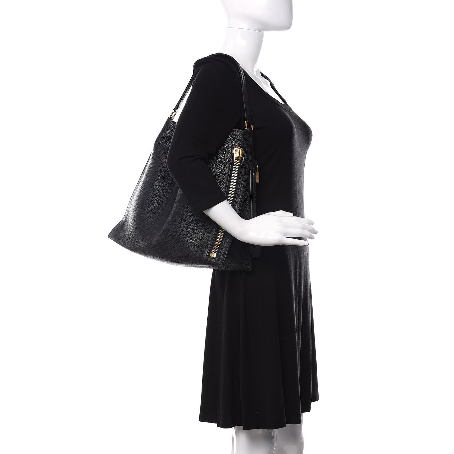 Pebbled Calfskin Small Alix Padlock Zip Hobo Bag Black