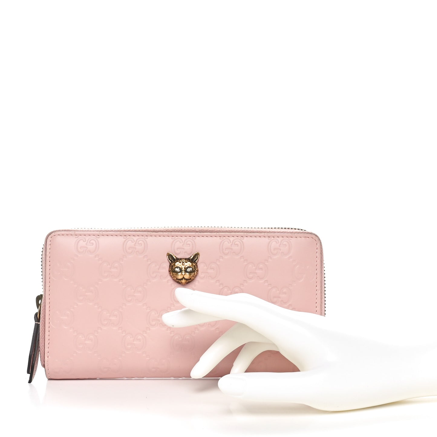 Guccissima Signature Crystal Cat Zip Around Wallet Light Candy Pink