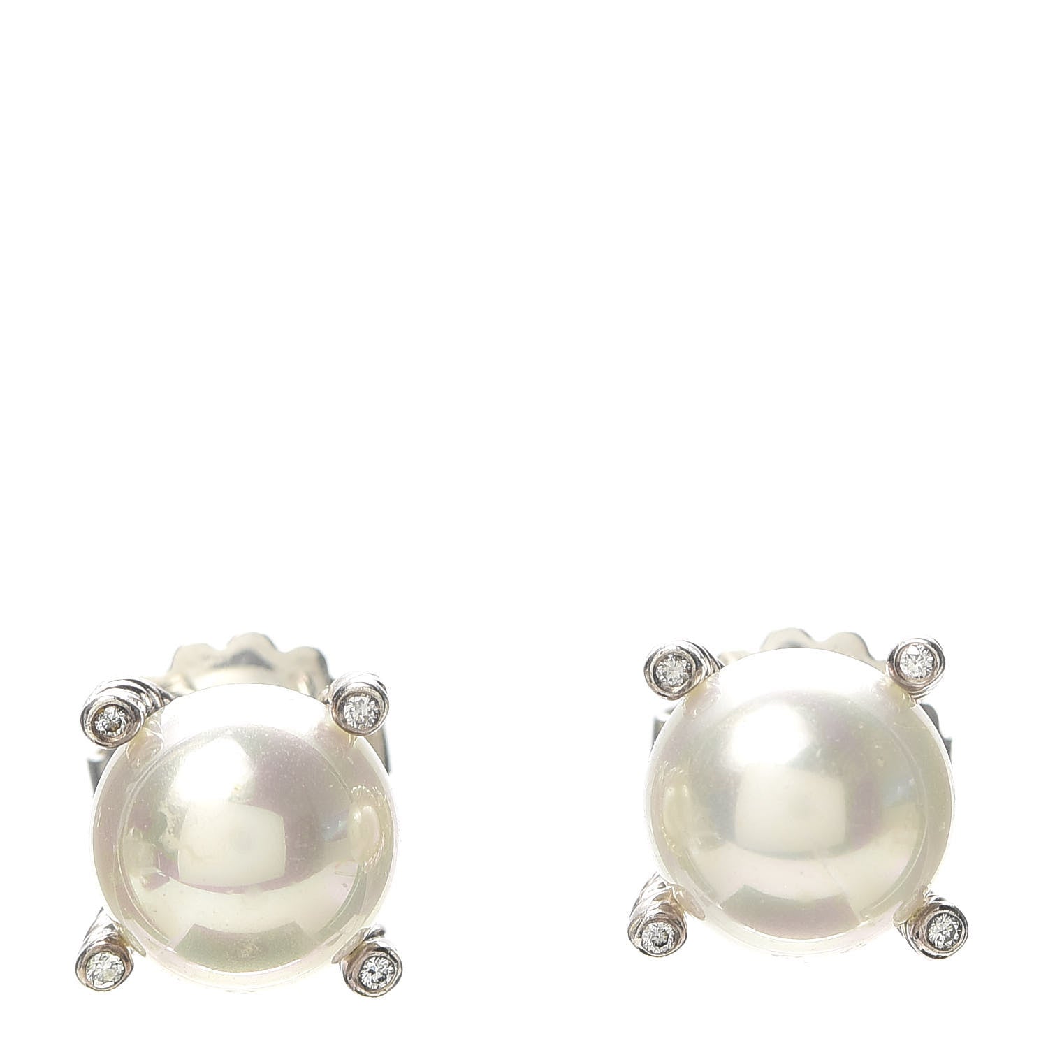 David Yurman Sterling Silver Diamond Pearl 9.5mm Earrings 1 of 4