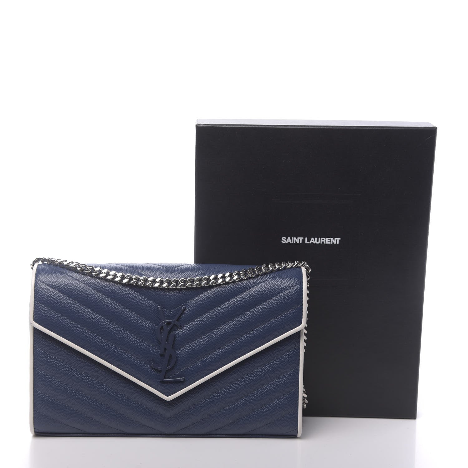 Saint Laurent Grain De Poudre Matelasse Monogram Chain Wallet Denim Bianco Ottico 14 of 14