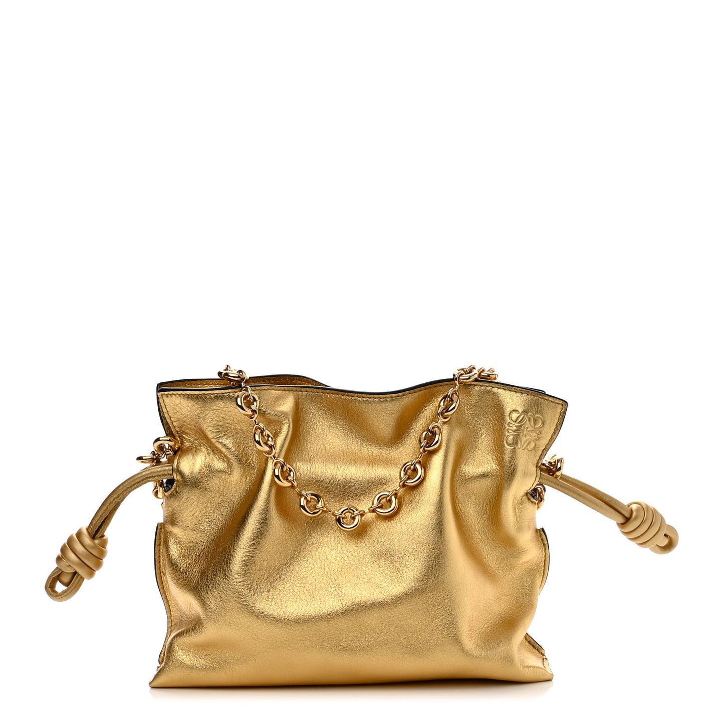 Metallic Calfskin Mini Chain Flamenco Knot Clutch Gold