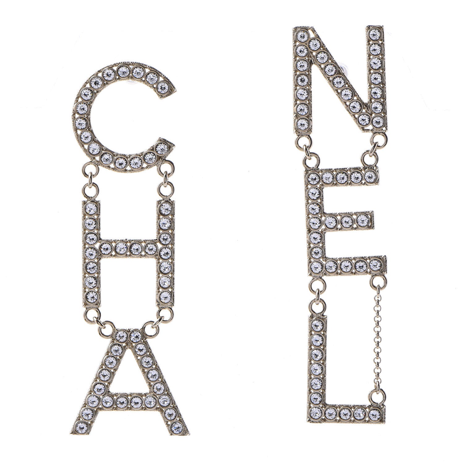 Chanel Crystal Cha-Nel Logo Drop Earrings Gold 1 of 5