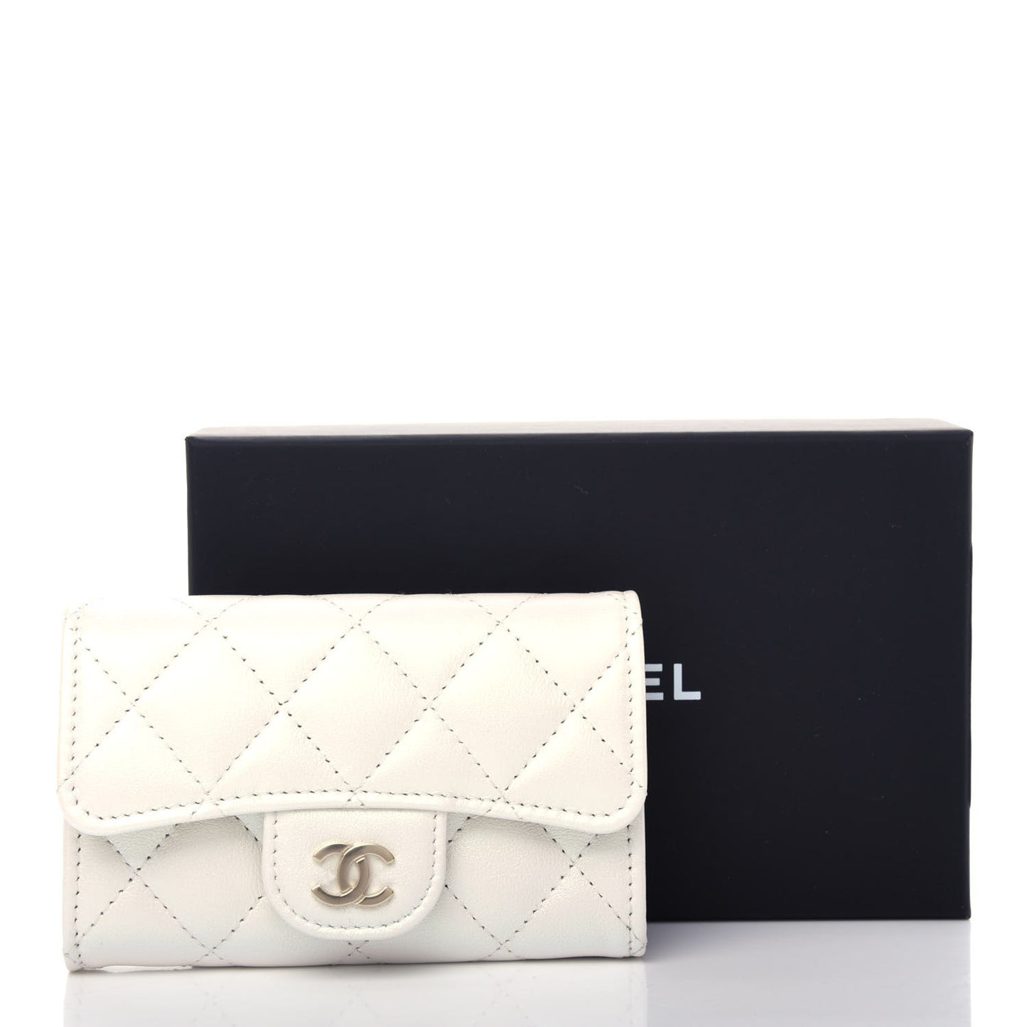 Iridescent Calfskin Quilted Flap Card Holder Wallet Ivory