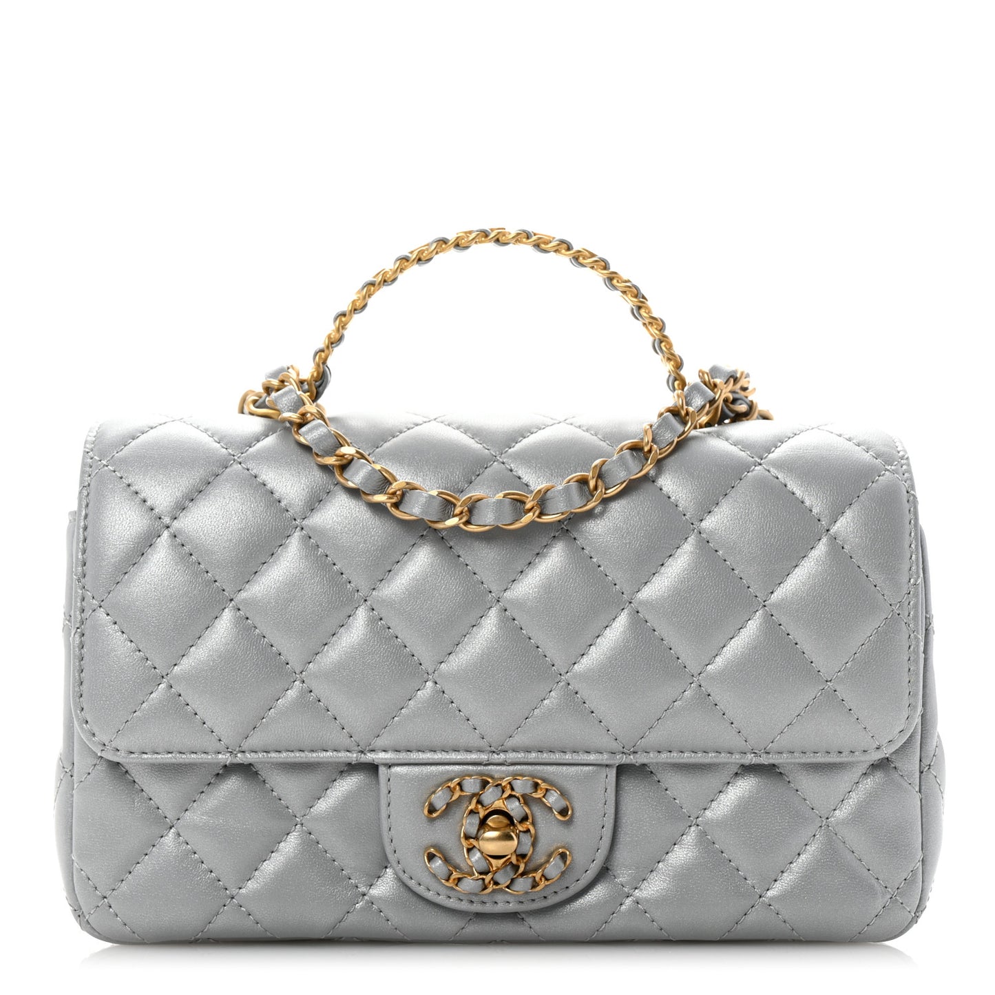 Metallic Lambskin Quilted Mini Strass On Top Flap Silvery