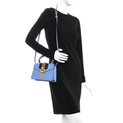 Gucci Vitello Fontanella Web Mini Sylvie Top Handle Bag Clear Sky Blue 2 of 13