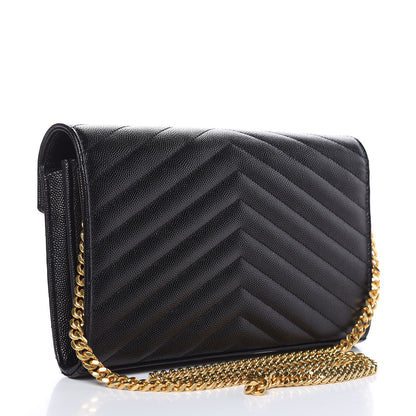 Saint Laurent Grain De Poudre Matelasse Chevron Monogram Chain Wallet Black 3 of 8