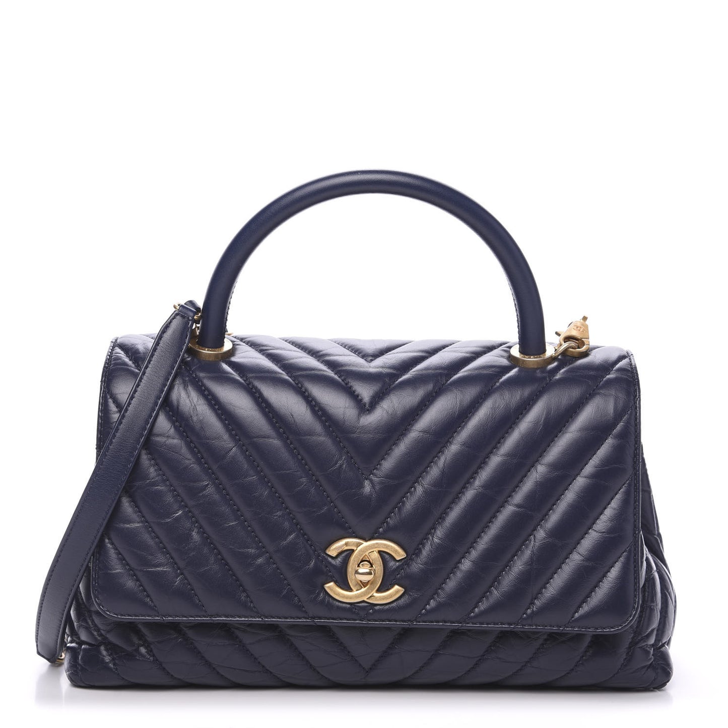 Aged Calfskin Chevron Quilted Small Coco Handle Flap Navy
