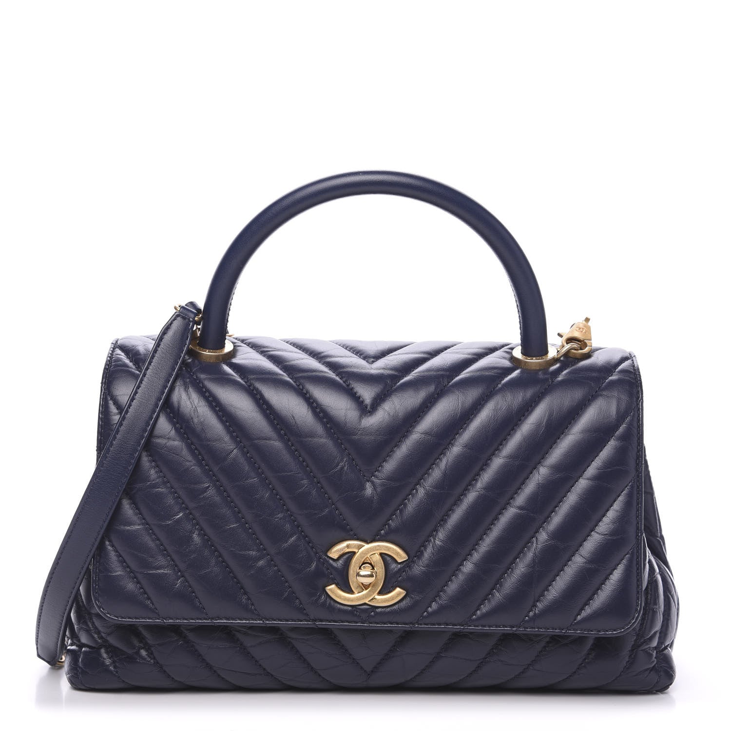 Chanel Aged Calfskin Chevron Quilted Small Coco Handle Flap Navy 1 of 11
