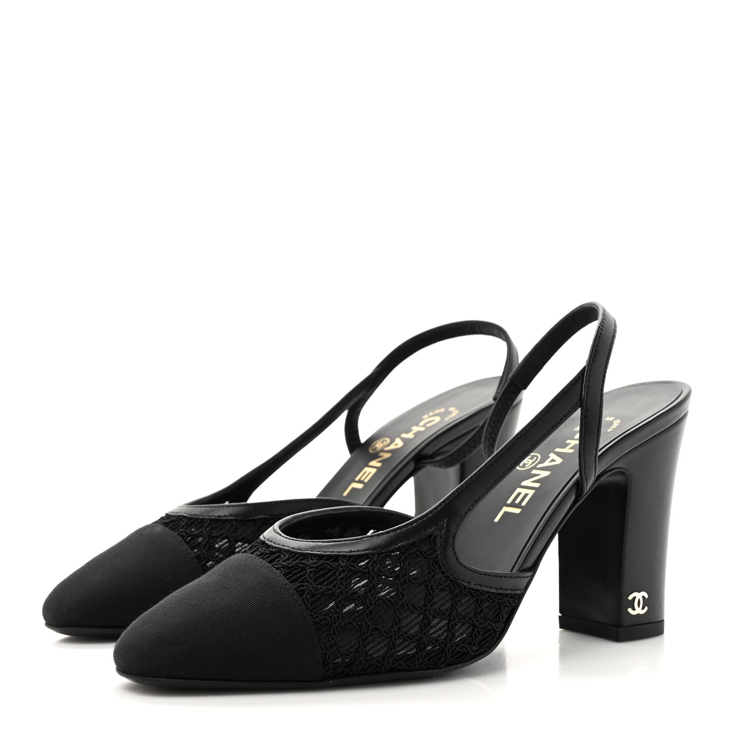 Chanel Fabric Embroidery Grosgrain Cap Toe CC Slingback Pumps 37 Black 4 of 8