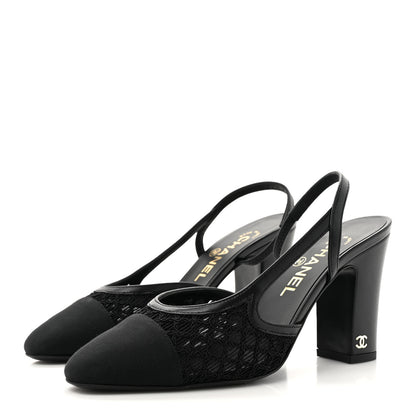 Chanel Fabric Embroidery Grosgrain Cap Toe CC Slingback Pumps 37 Black 4 of 8