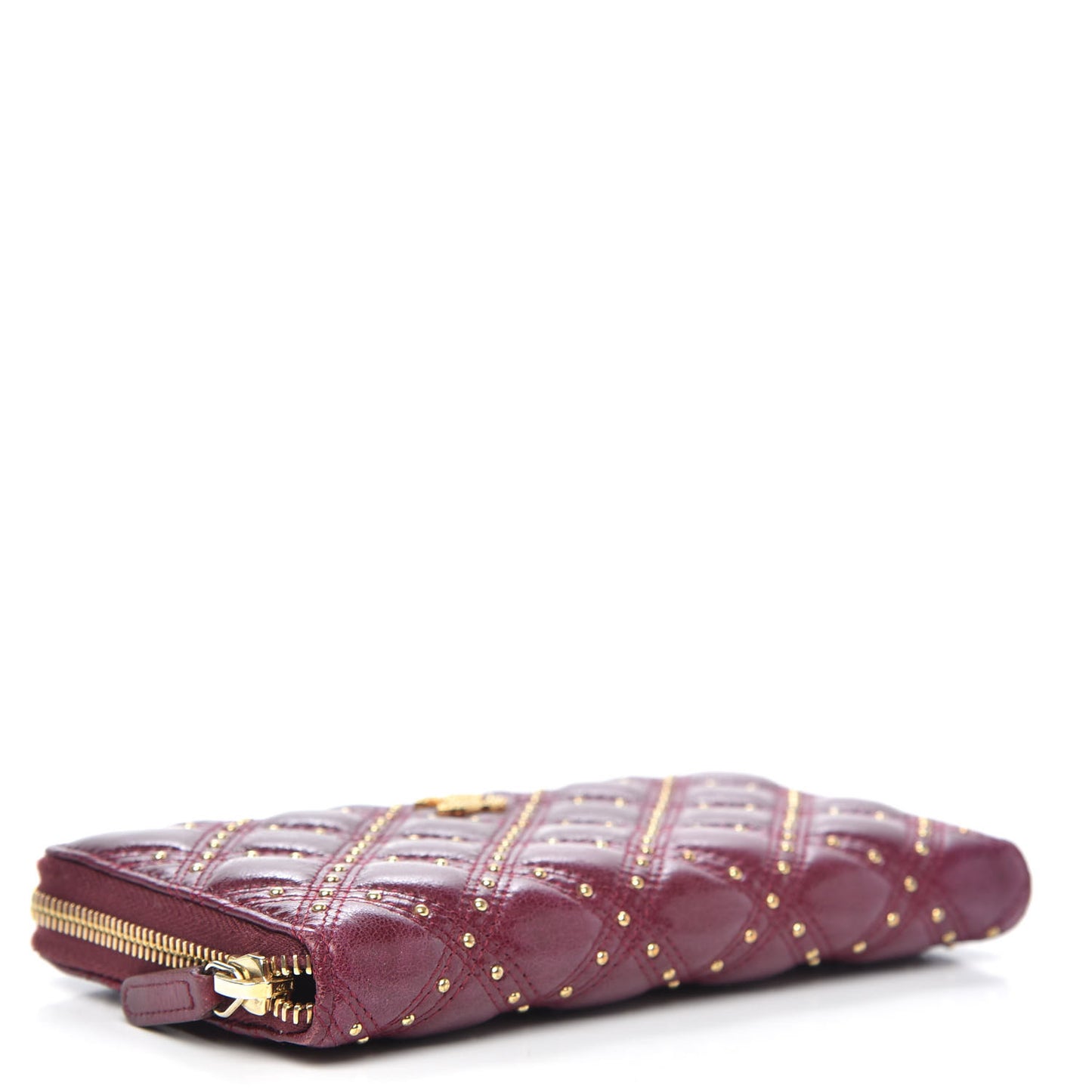 Lambskin Studded Quilted Zip Around Wallet Burgundy
