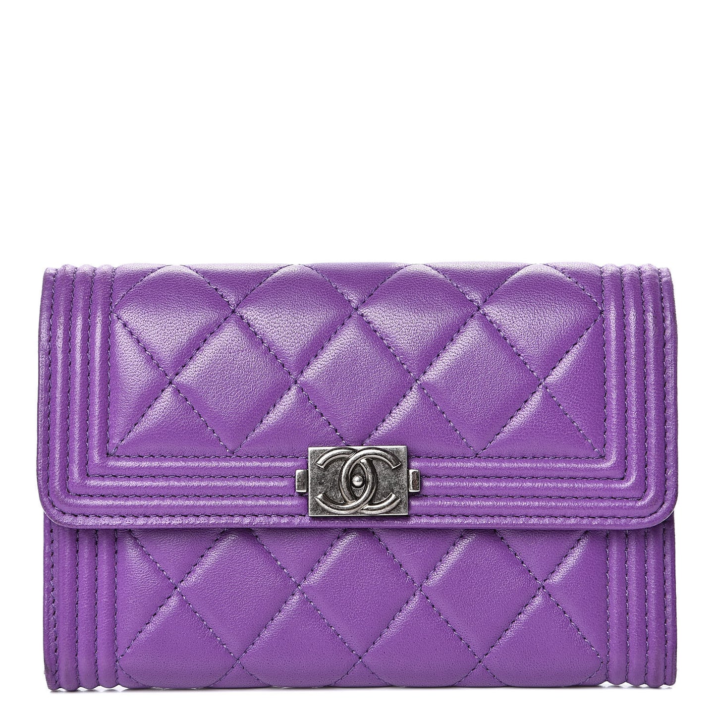 Lambskin Quilted Small Boy Flap Wallet Purple