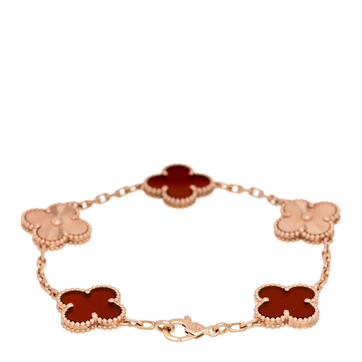18K Rose Gold Carnelian 5 Motifs Guilloche Vintage Alhambra Bracelet