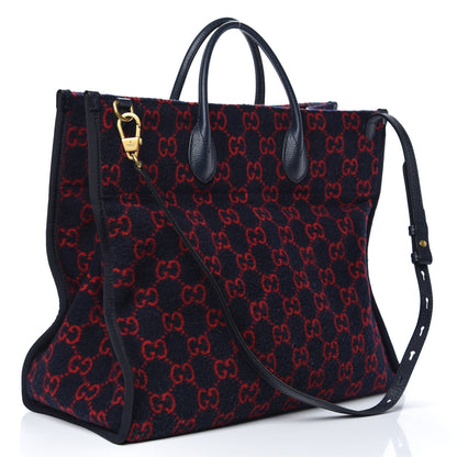 Gucci Covered Wool Textured Dollar Calfskin GG Monogram Large Tote Bag Blue Red 3 of 9