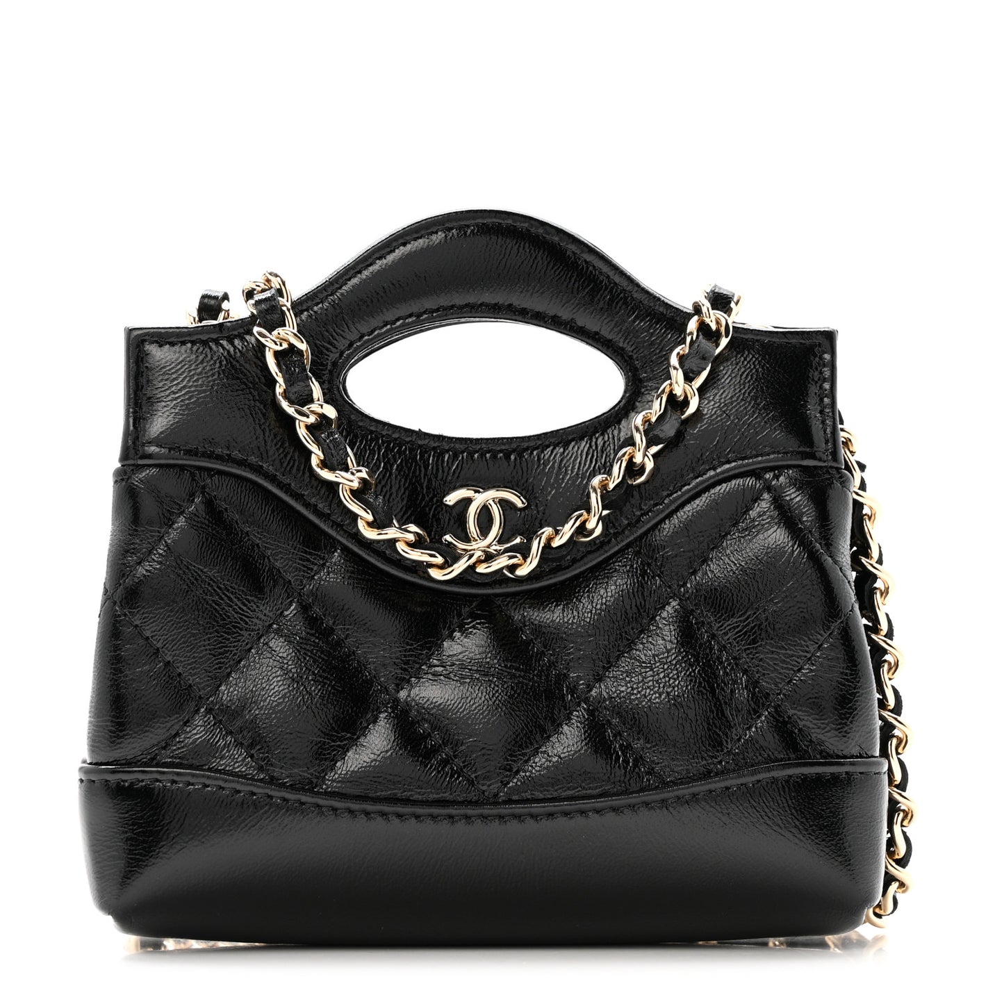 Shiny Lambskin Quilted Micro 31 Clutch With Chain Black