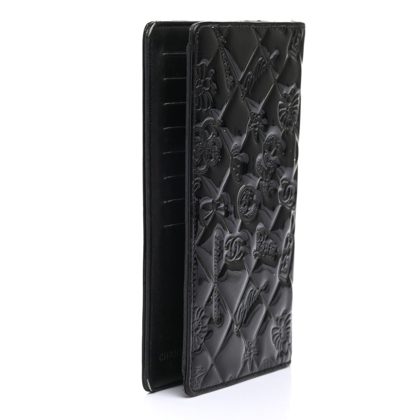 Patent Calfskin Lucky Symbols Yen Wallet Black