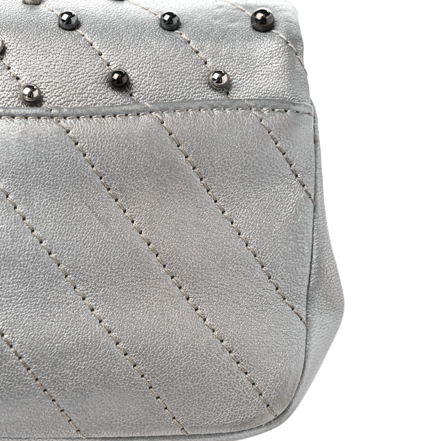 Metallic Lambskin Chevron Quilted Studded Extra Mini Flap Silver