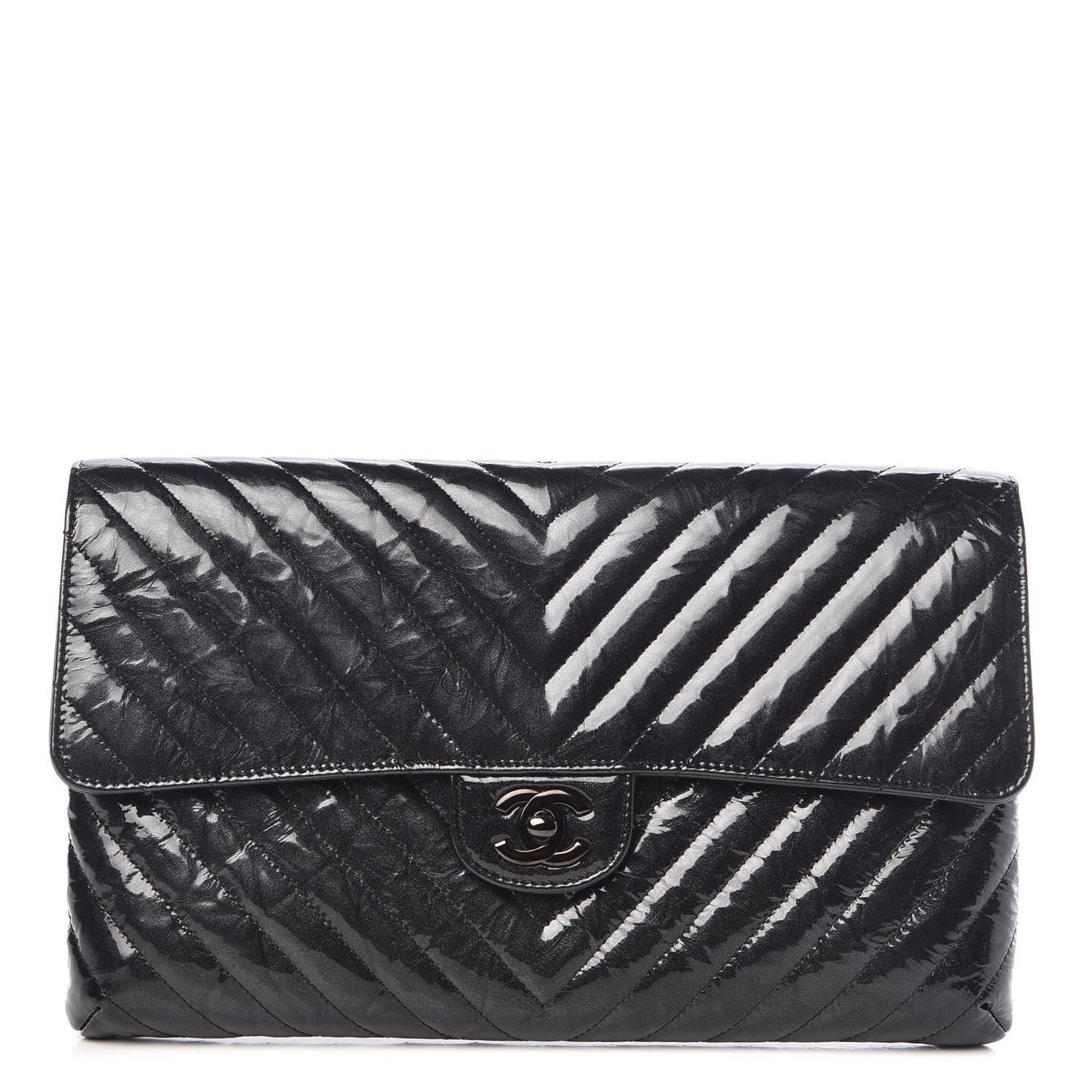 Patent Metallic Crumpled Calfskin Chevron Quilted Envelope Clutch Black