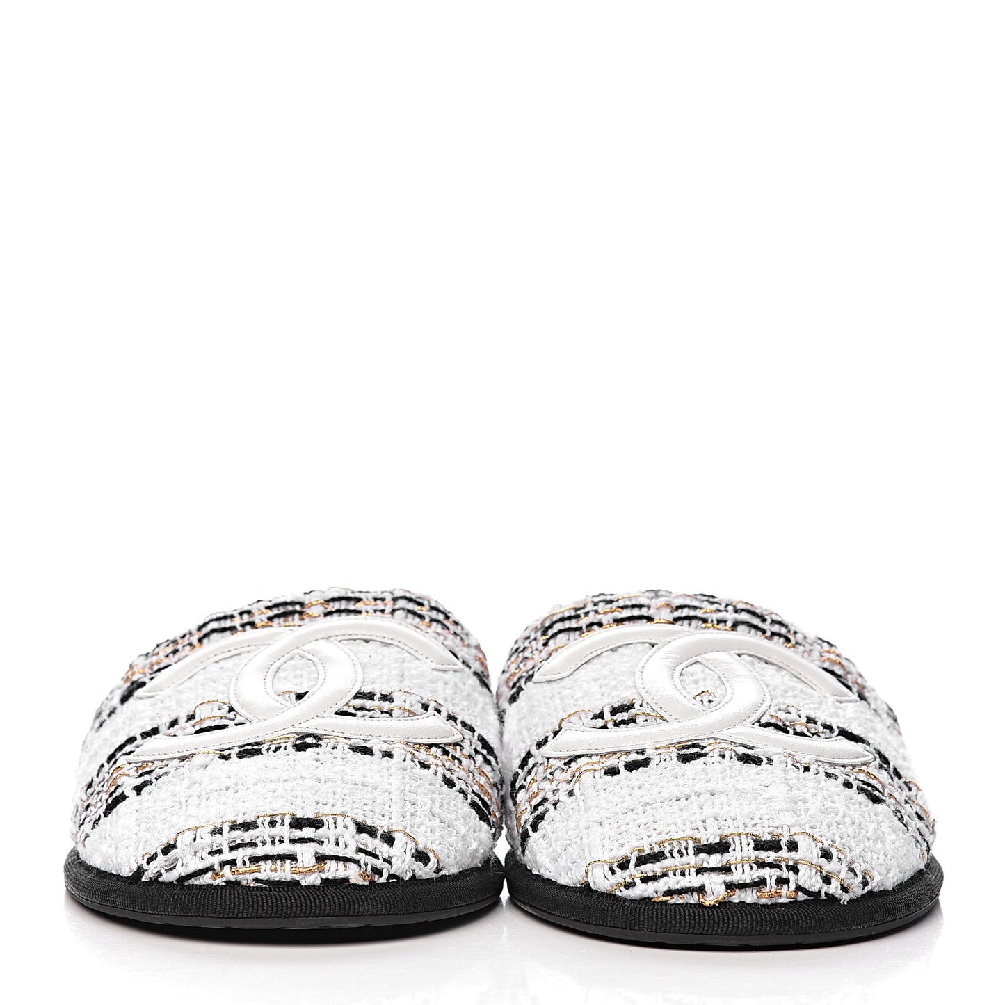 Tweed CC Flat Mules M White Black Gold