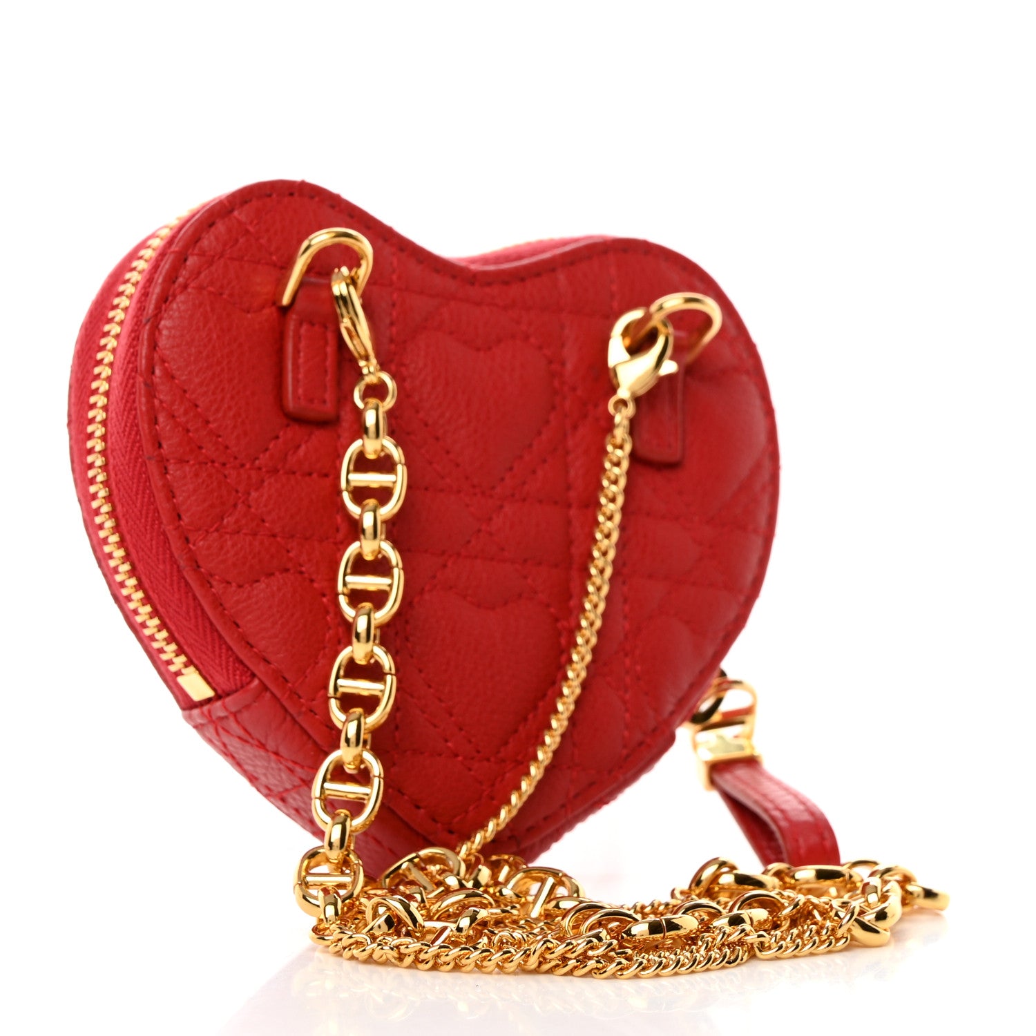 Christian Dior Calfskin Cannage Dioramour Caro Heart Pouch With Chain Bright Red 3 of 8