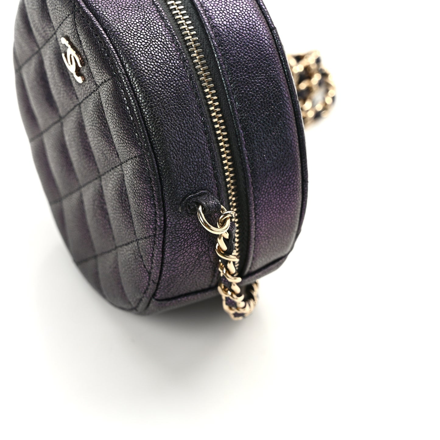 Iridescent Caviar Quilted Round Clutch With Chain Black