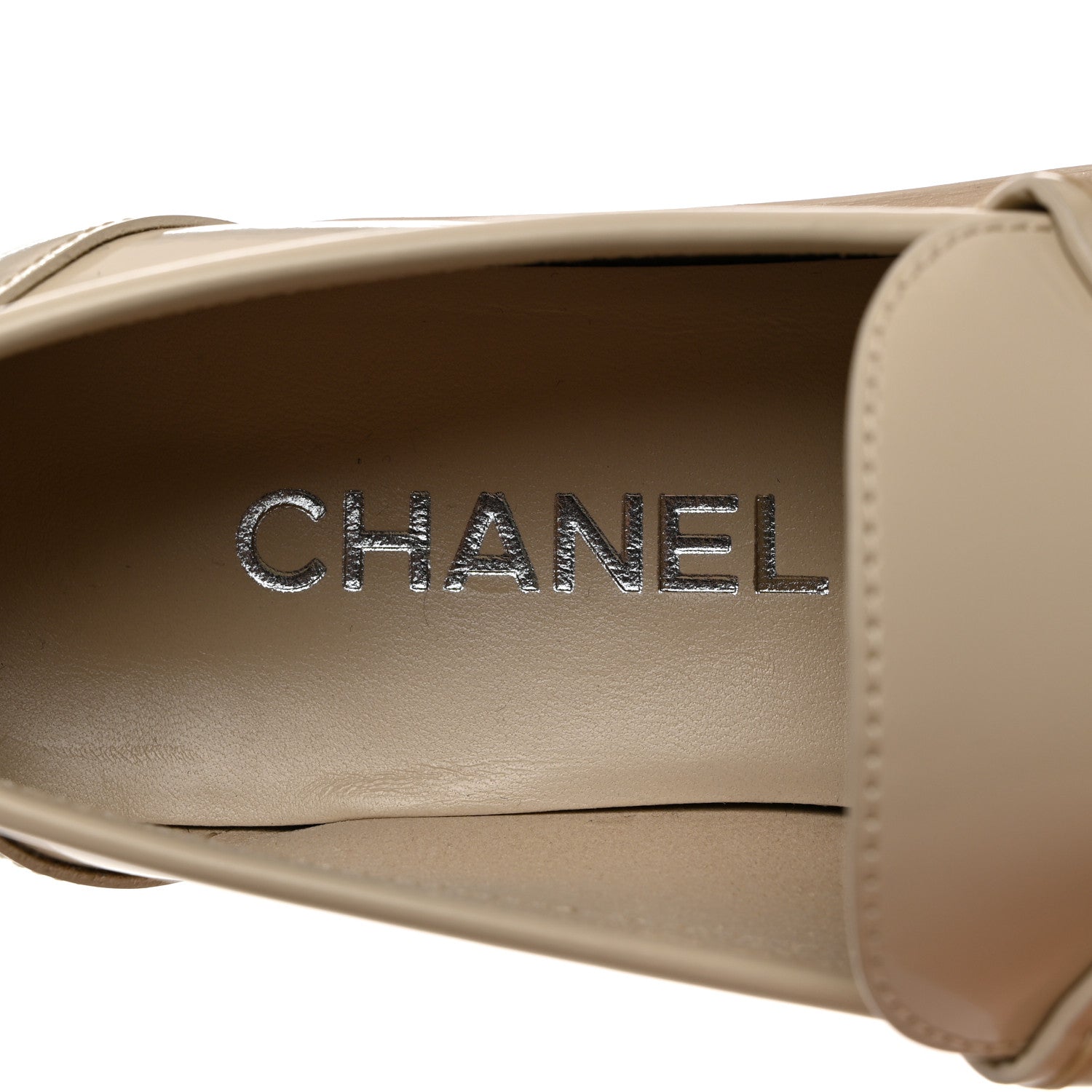 Chanel Shiny Calfskin Logo Loafers 37.5 Beige 6 of 10