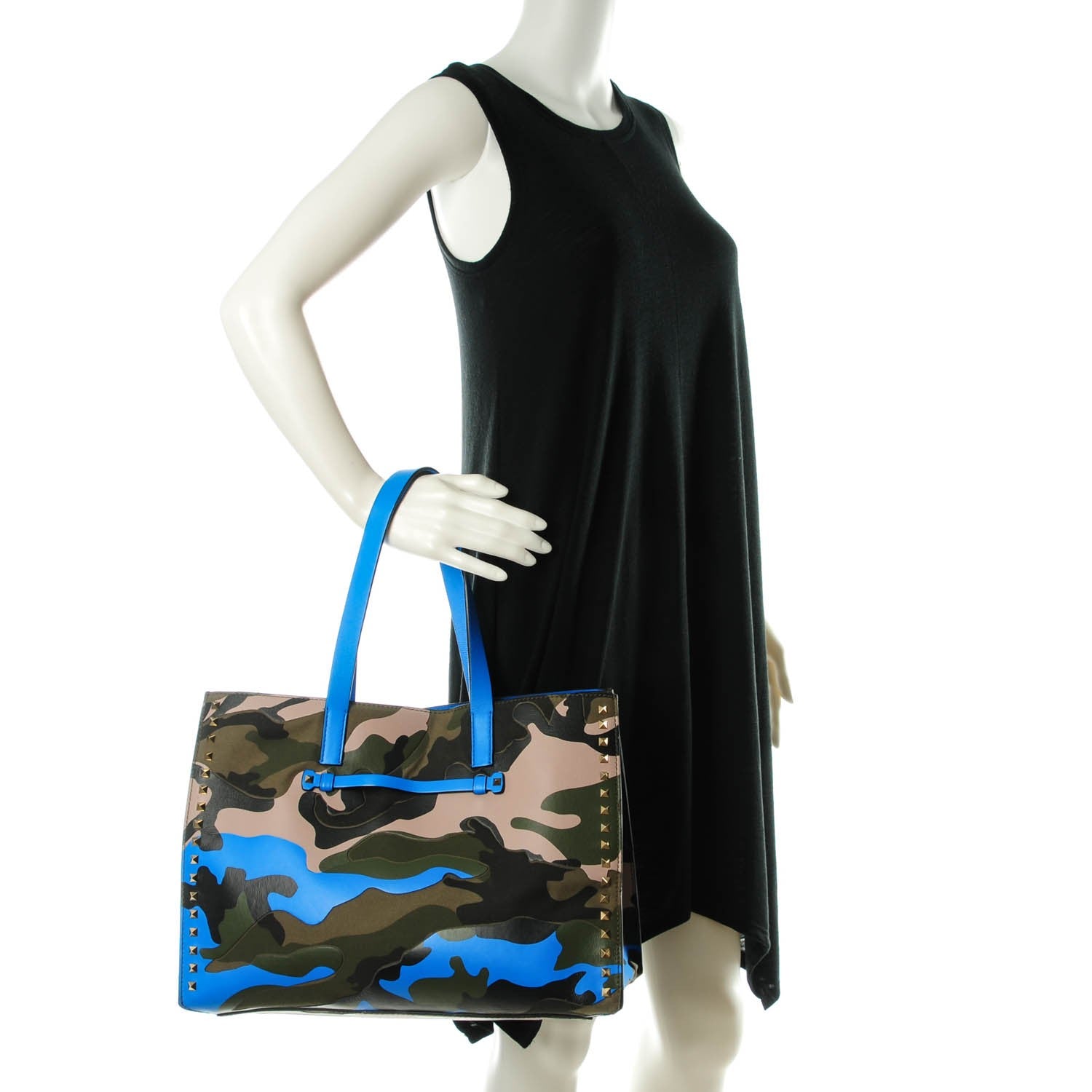 Valentino Garavani Nappa Canvas Camo Medium Rockstud Soft Tote Blue Fluo 2 of 7