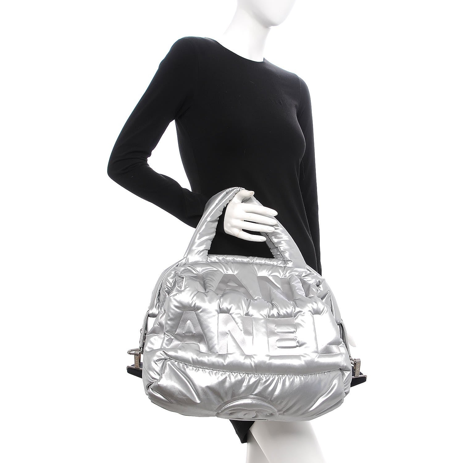 Chanel Nylon Embossed Doudoune Bowling Bag Silver 3 of 8