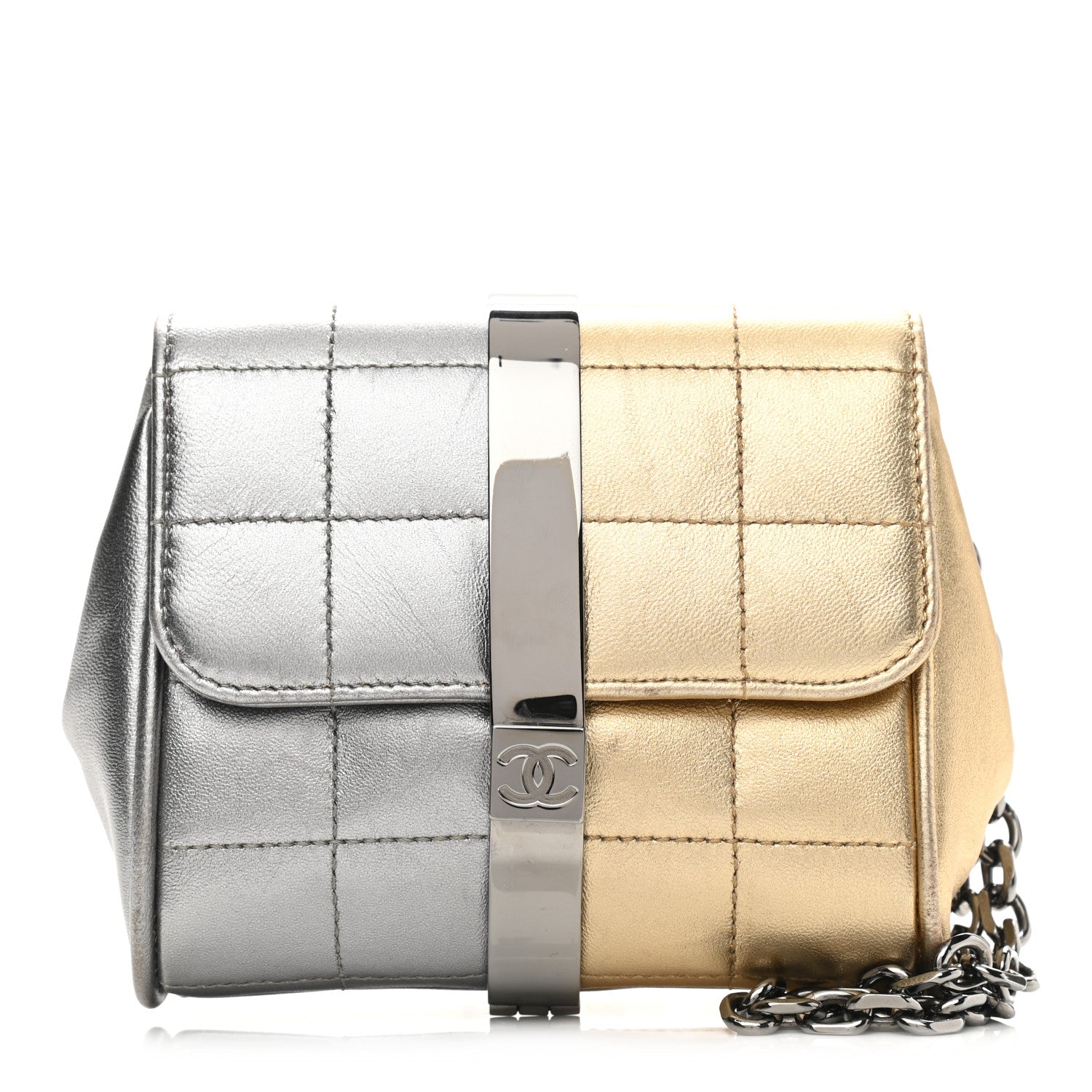 Chanel Metallic Lambskin Square Quilted Wristlet Clutch Gold Silver 1 of 12