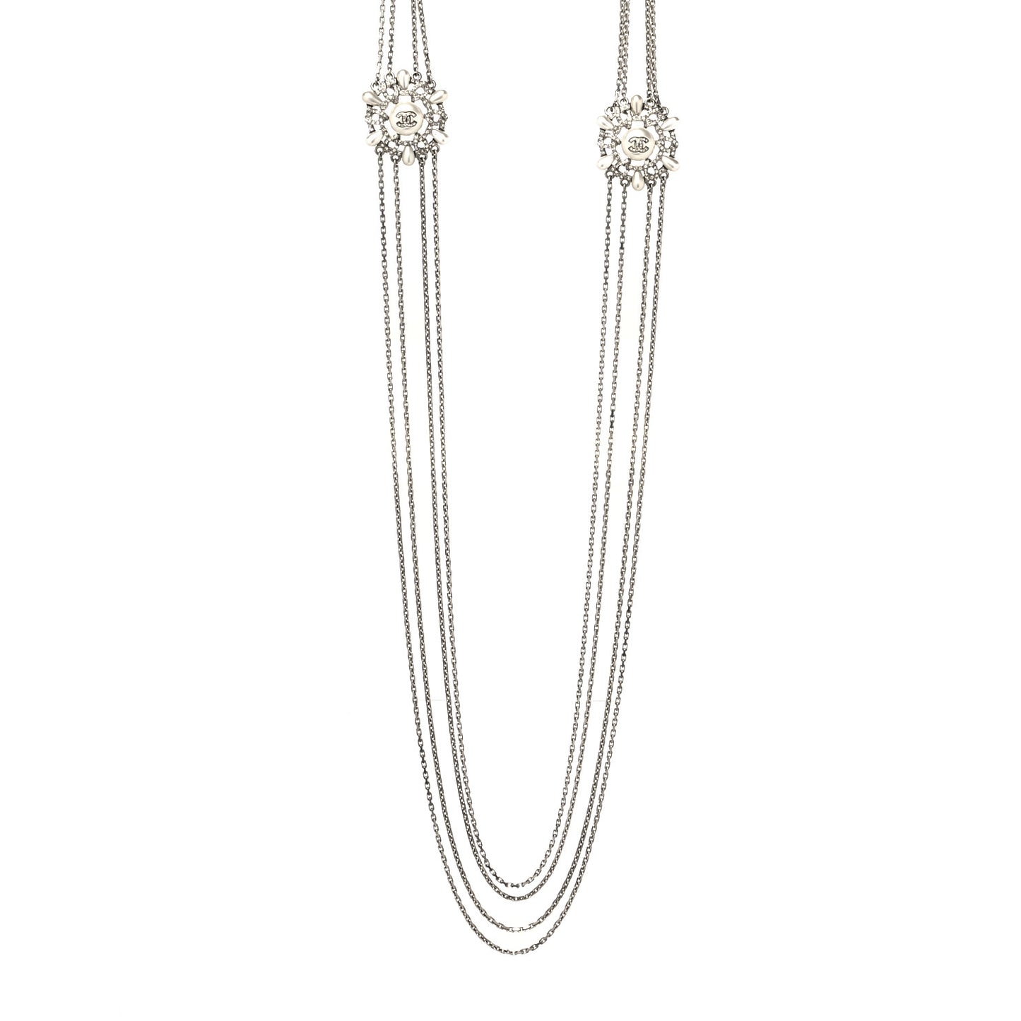 Pearl Crystal Chain CC Long Necklace Silver