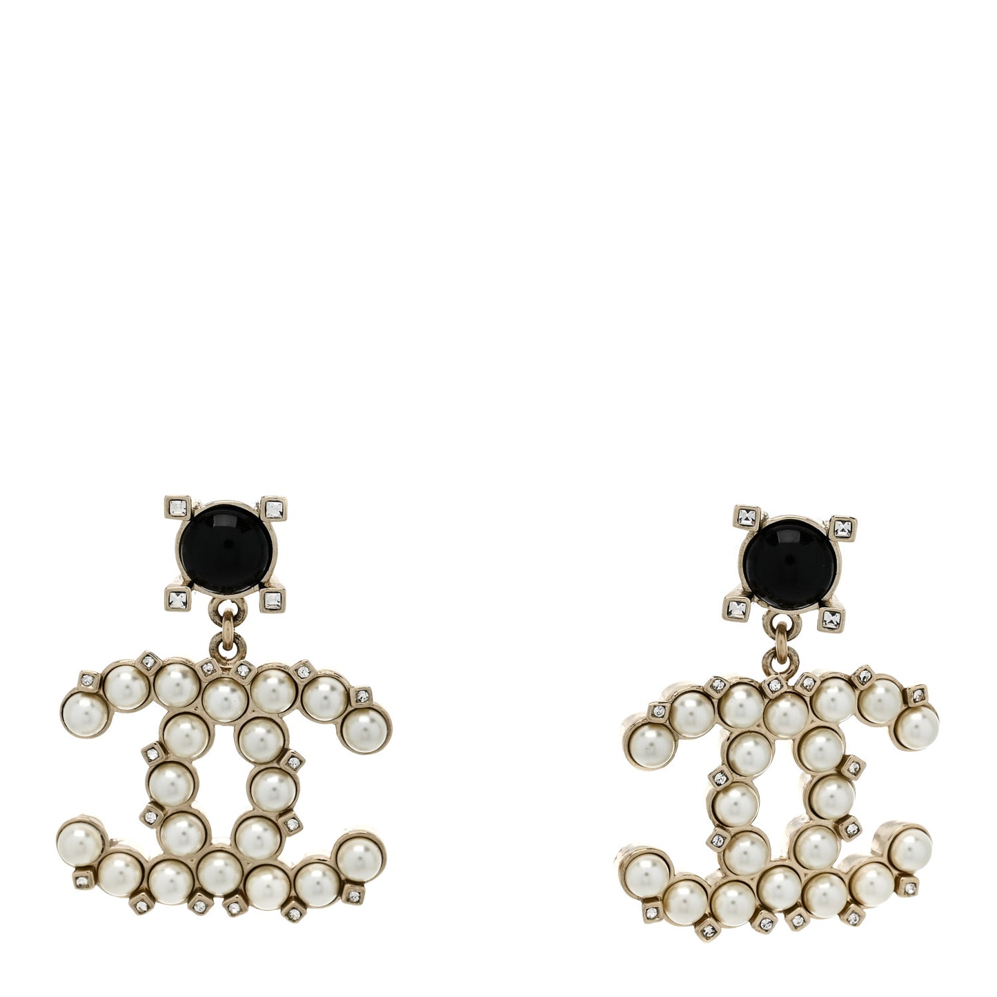 Resin Crystal Pearl CC Drop Earrings Black Gold