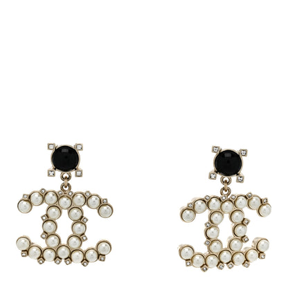 Chanel Resin Crystal Pearl CC Drop Earrings Black Gold 1 of 5