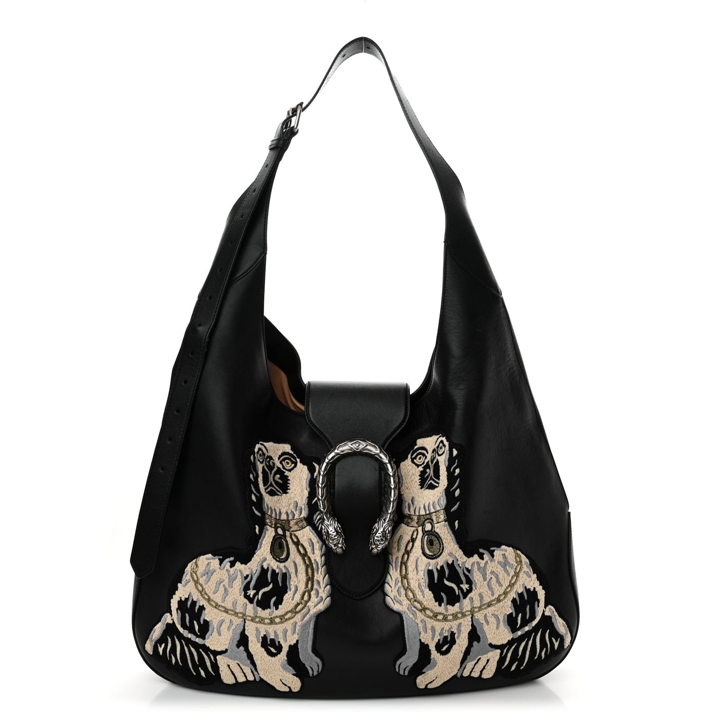 Calfskin Dog Embroidered Extra Large Dionysus Hobo Black