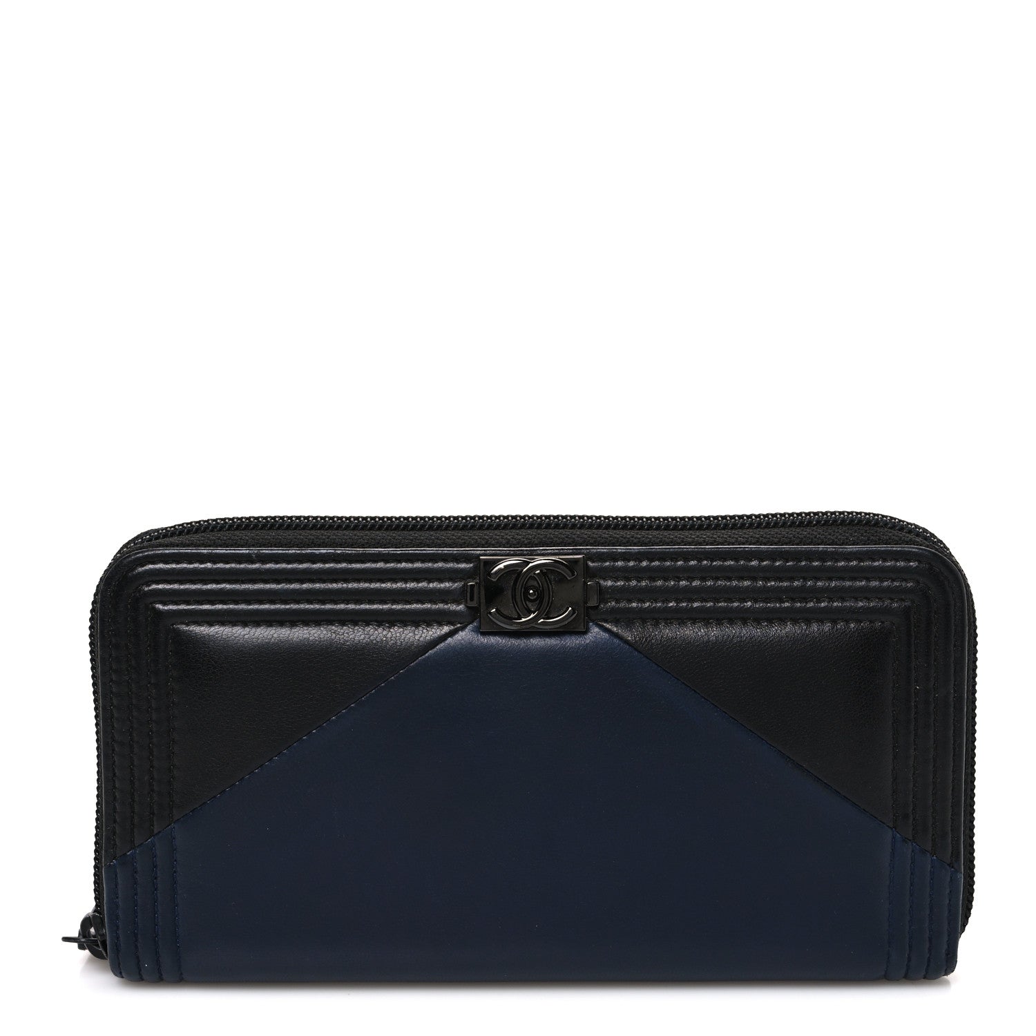 Chanel Calfskin Large Bi-Color Zip Around Boy Wallet Black Navy 1 of 8
