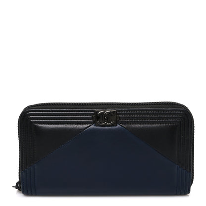 Chanel Calfskin Large Bi-Color Zip Around Boy Wallet Black Navy 1 of 8