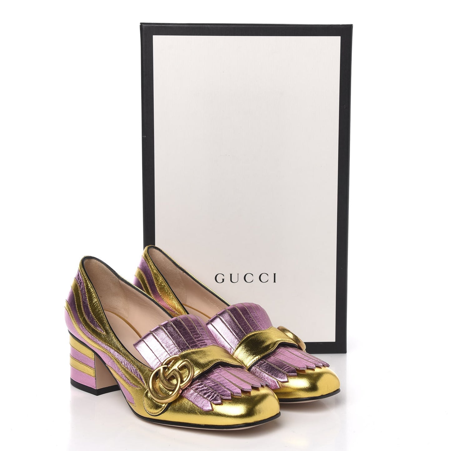Metallic Nappa Inlay GG Marmont Fringe 50mm Loafer Pumps 35.5 Oro Vecchio Rosa