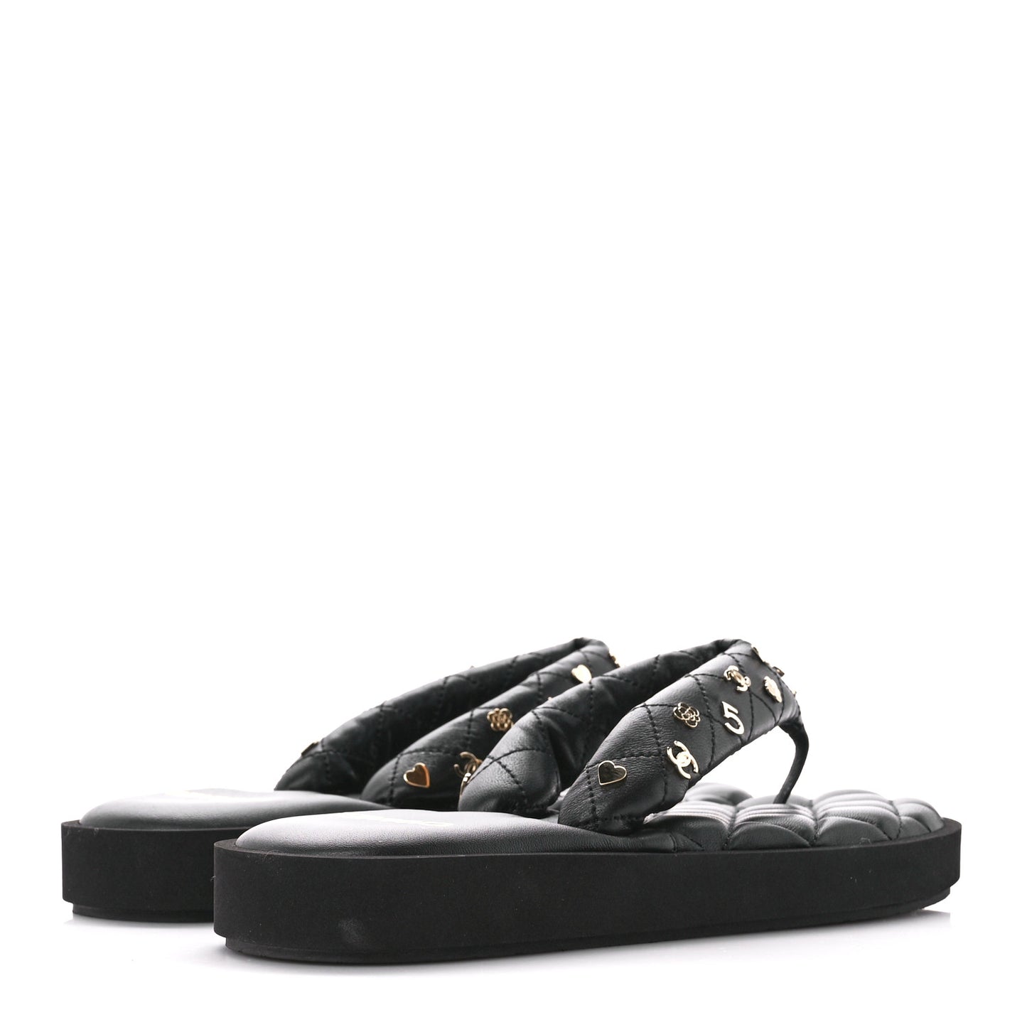Lambskin Quilted Padded Charms Thong Sandals 39 Black