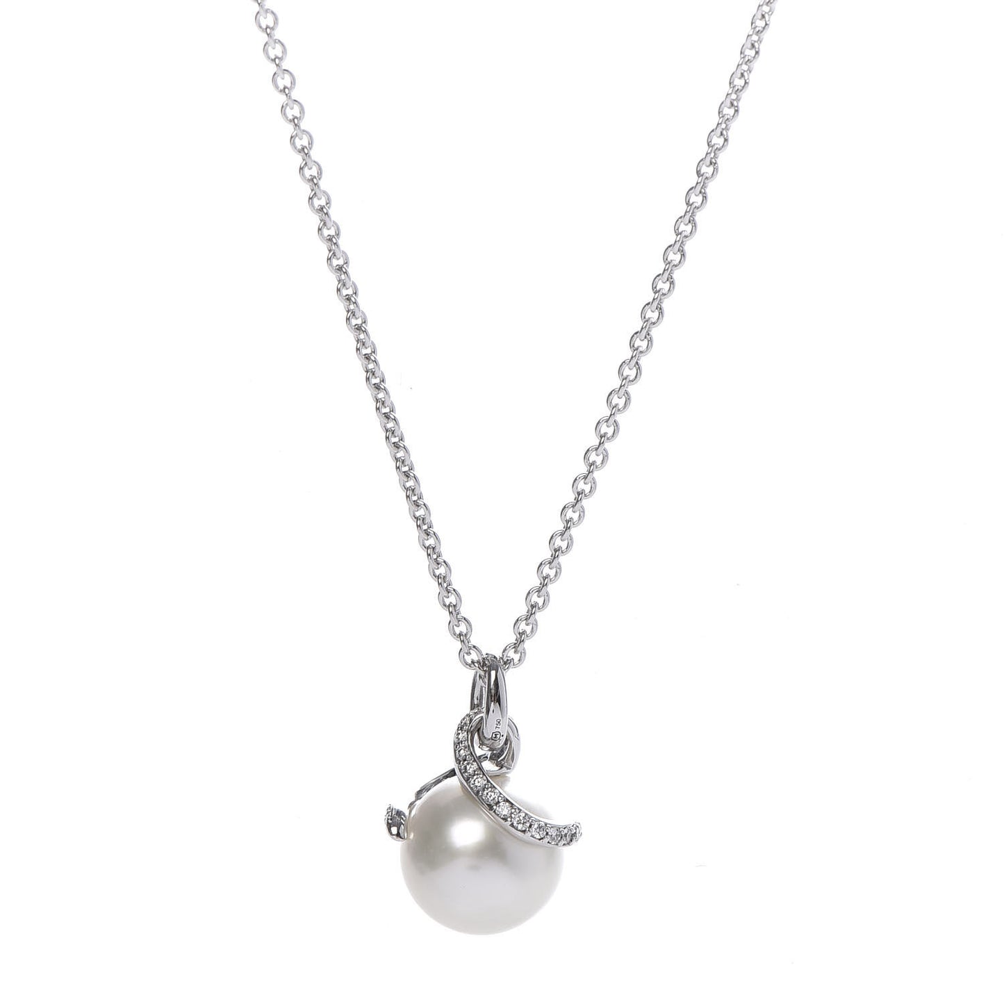 18K White Gold Diamond White South Sea Pearl 11mm Twist Pendant Necklace