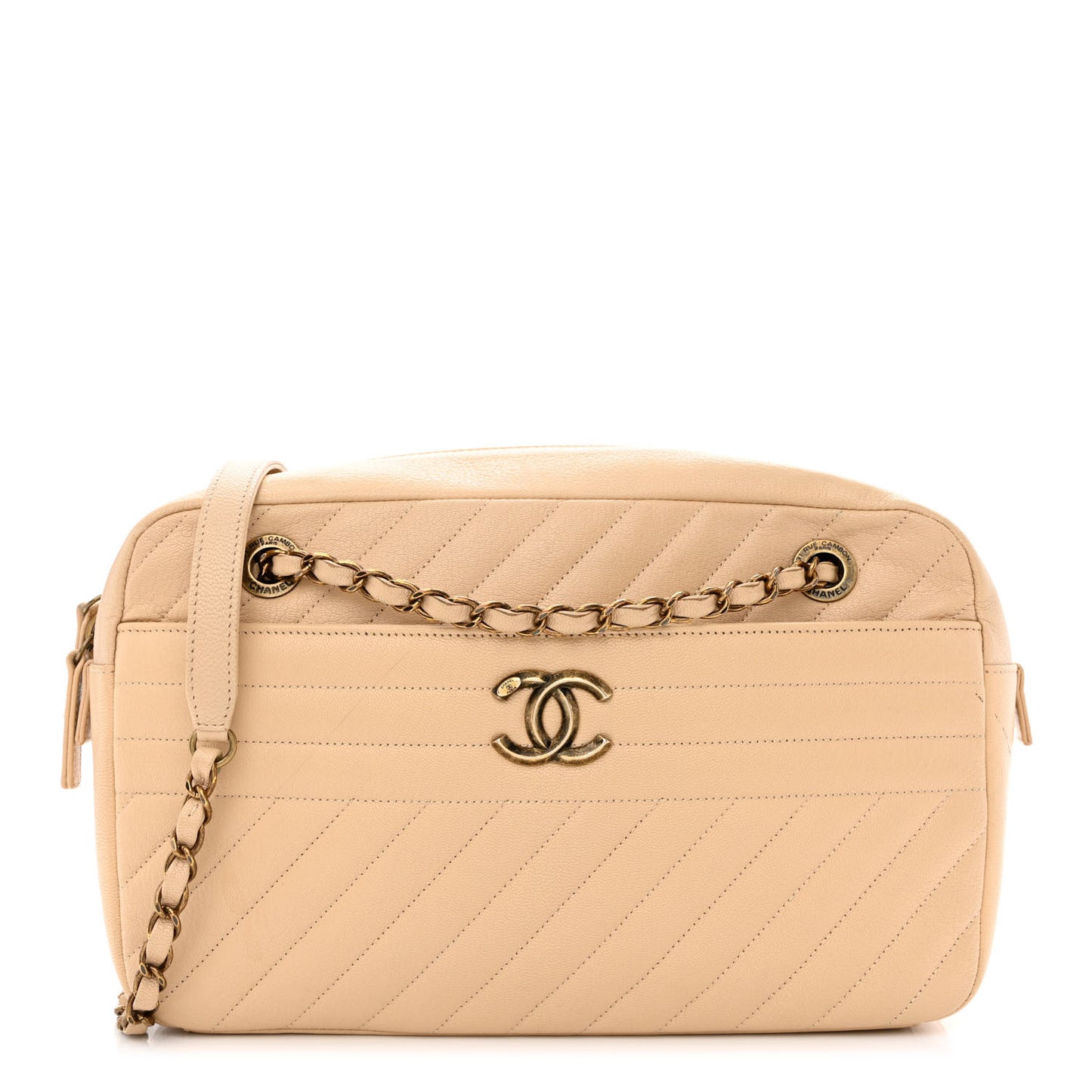 Shiny Goatskin Diagonal Quilted Camera Bag Beige