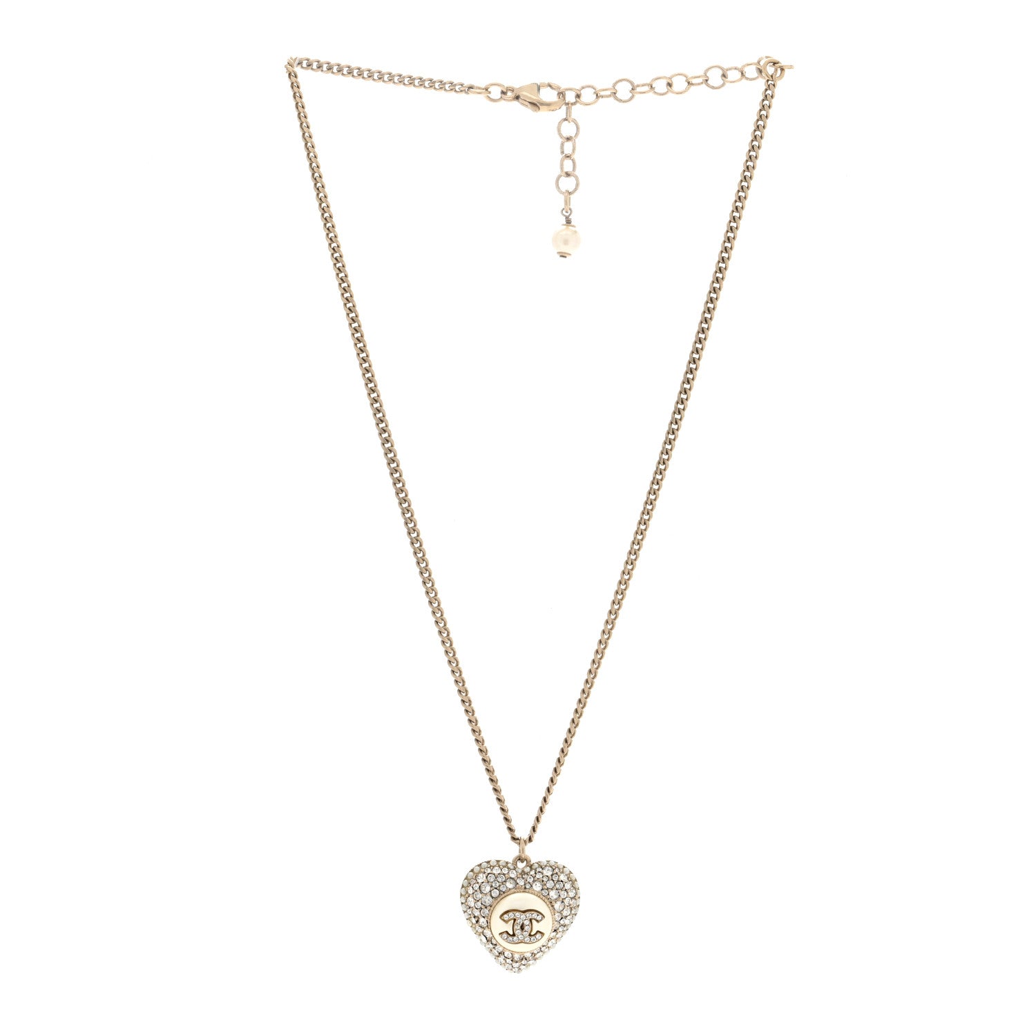 Chanel Pearl Crystal CC Heart Necklace Gold Pearly White 3 of 5