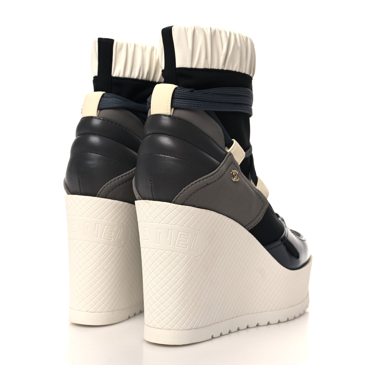 Chanel Patent Calfskin Runway Wedge Short Platform Boots 39 Grey White 4 of 7