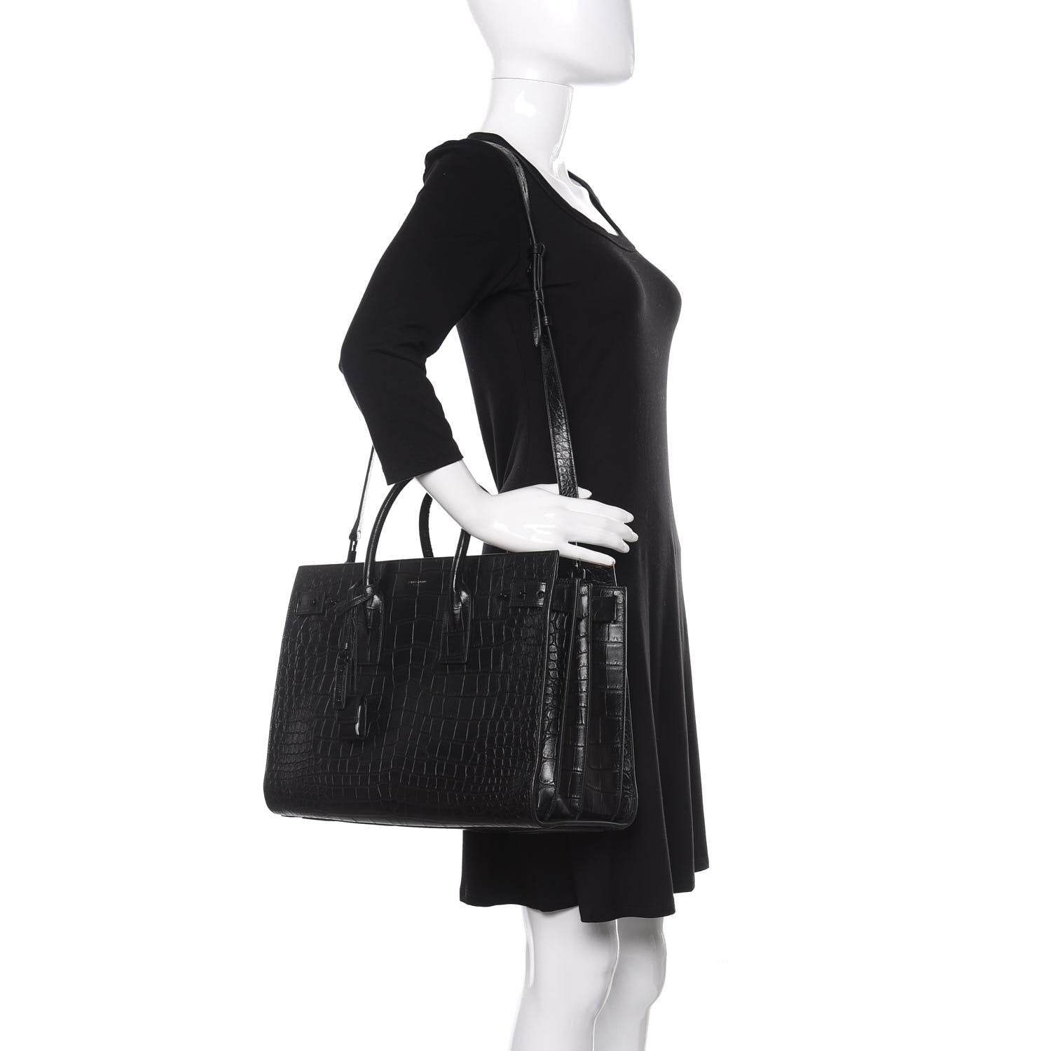 Saint Laurent Calfskin Crocodile Embossed Medium Supple Sac de Jour Black 2 of 12