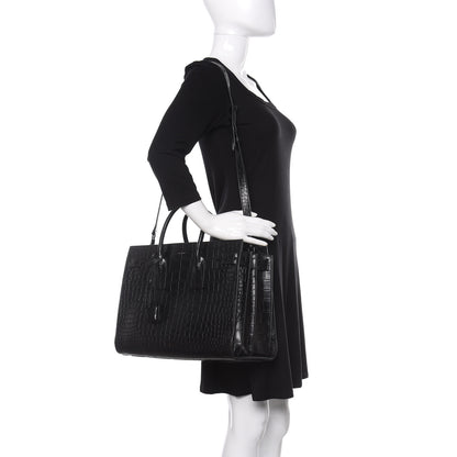 Saint Laurent Calfskin Crocodile Embossed Medium Supple Sac de Jour Black 2 of 12