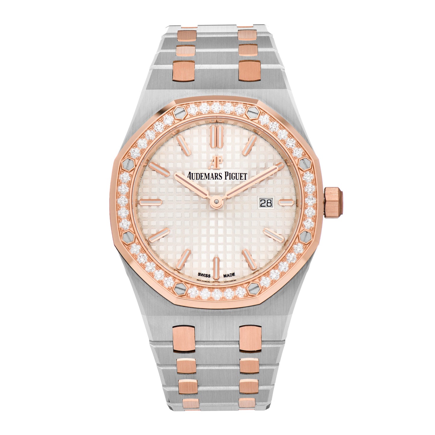 Stainless Steel 18K Rose Gold Diamond 33mm Royal Oak Quartz Watch White 67651SR.ZZ.1261SR.01